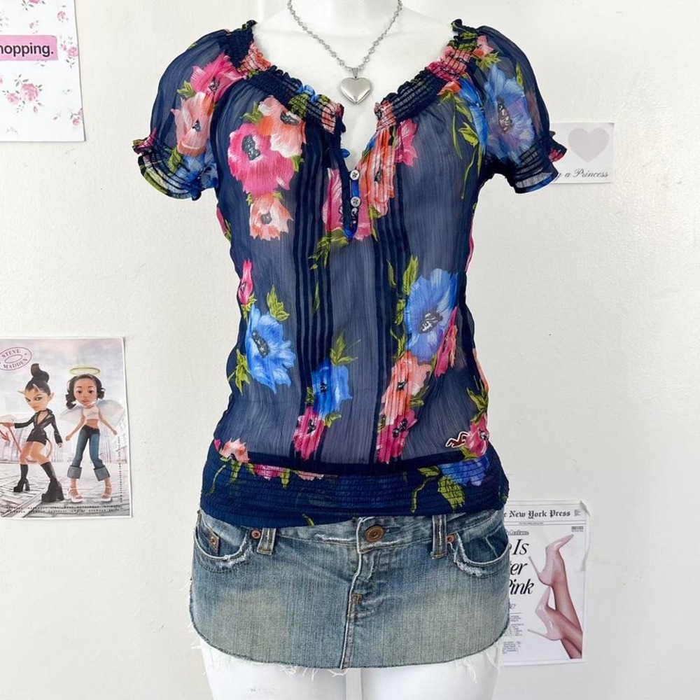 Hollister Y2K Sheer Floral Ruffle Top Navy Blue XS  Grunge / Soft Girl Aesthetic